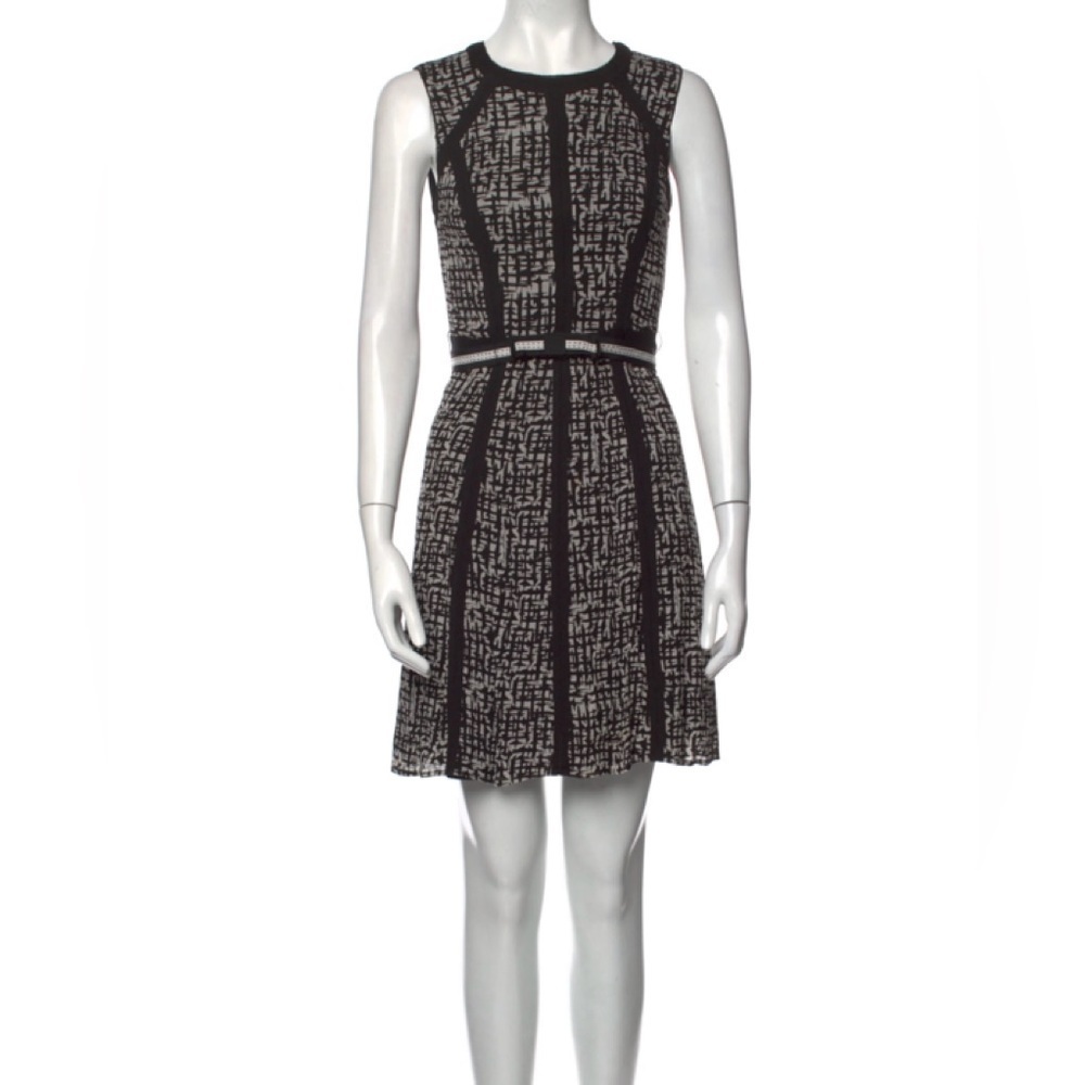 Karen Millen Signature Logo Fit & Flare Bow Belted Black & Cream Dress Sz 4 NWOT